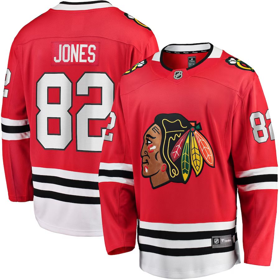 Men Chicago Blackhawks #82 Caleb Jones Fanatics Branded Red Breakaway Player NHL Jersey